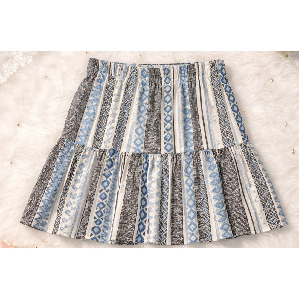 LOFT Skirt Womens Medium Blue Geometric Tiered A-Line Short Lined Elastic Waist